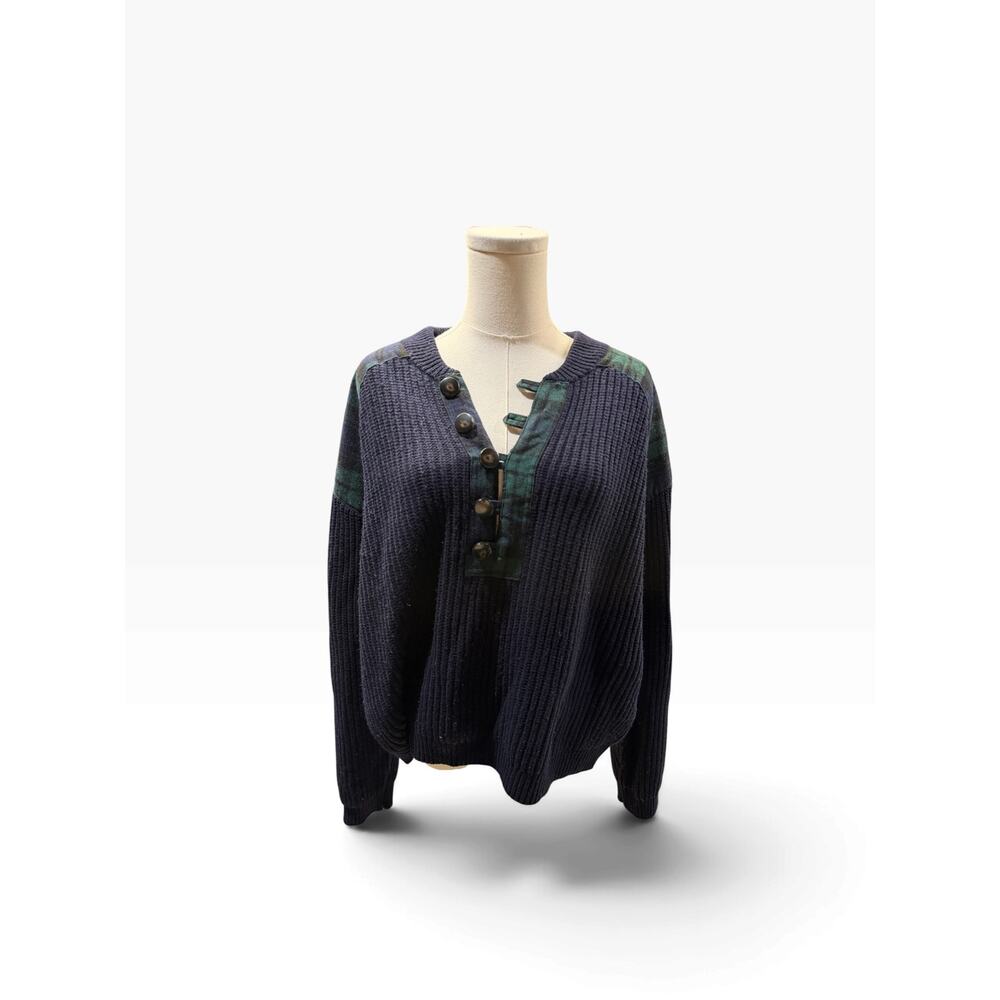 Sezane Ewen Pullover Scotland Plaid Trim Navy Knit Sweater - Picture 2 of 6